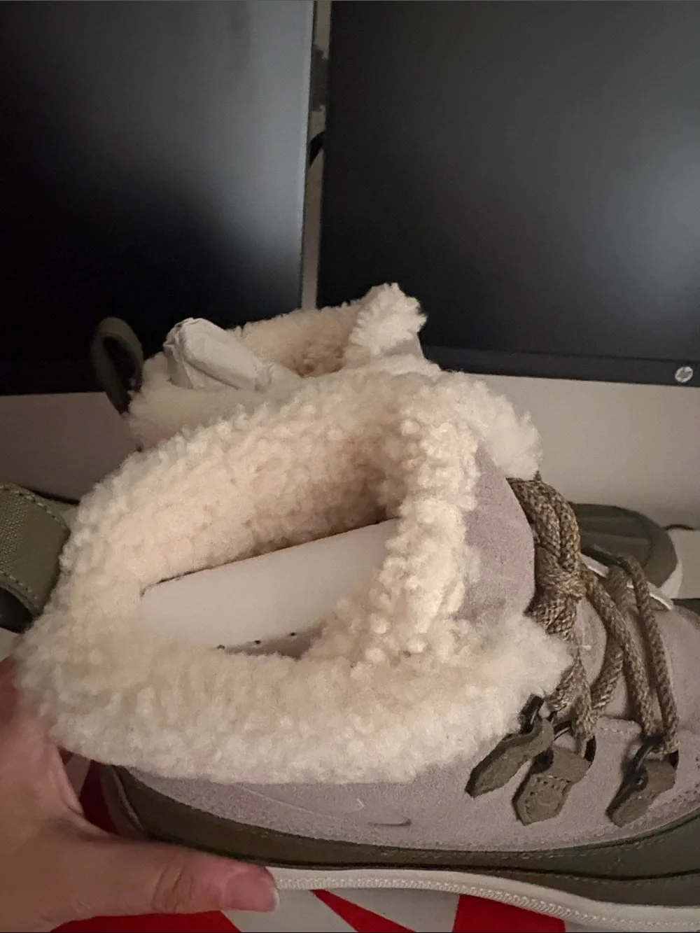 Nike Women’s Olive Green and Light Gray Faux Fur Winter Boots